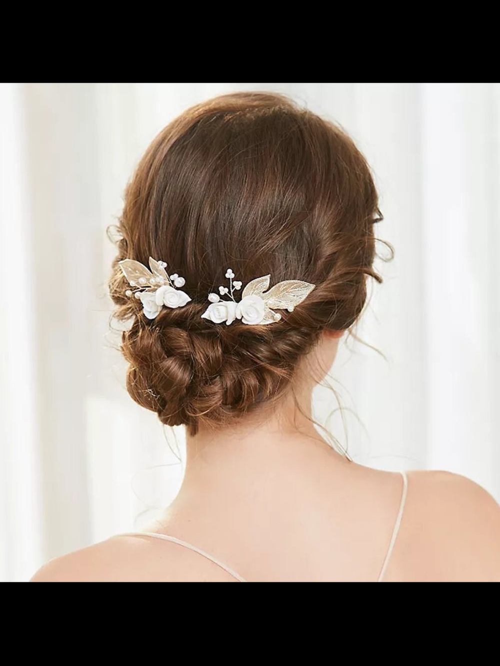 Bridal Hair Pin Set with White Roses, Gold Leaves, Faux Pearls 4.5 in long